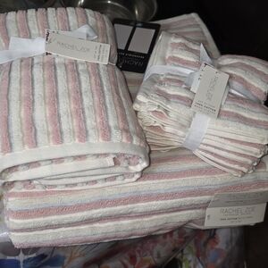 Rachel Zoe Pink and White/Blue White Reversible Striped Towel Set